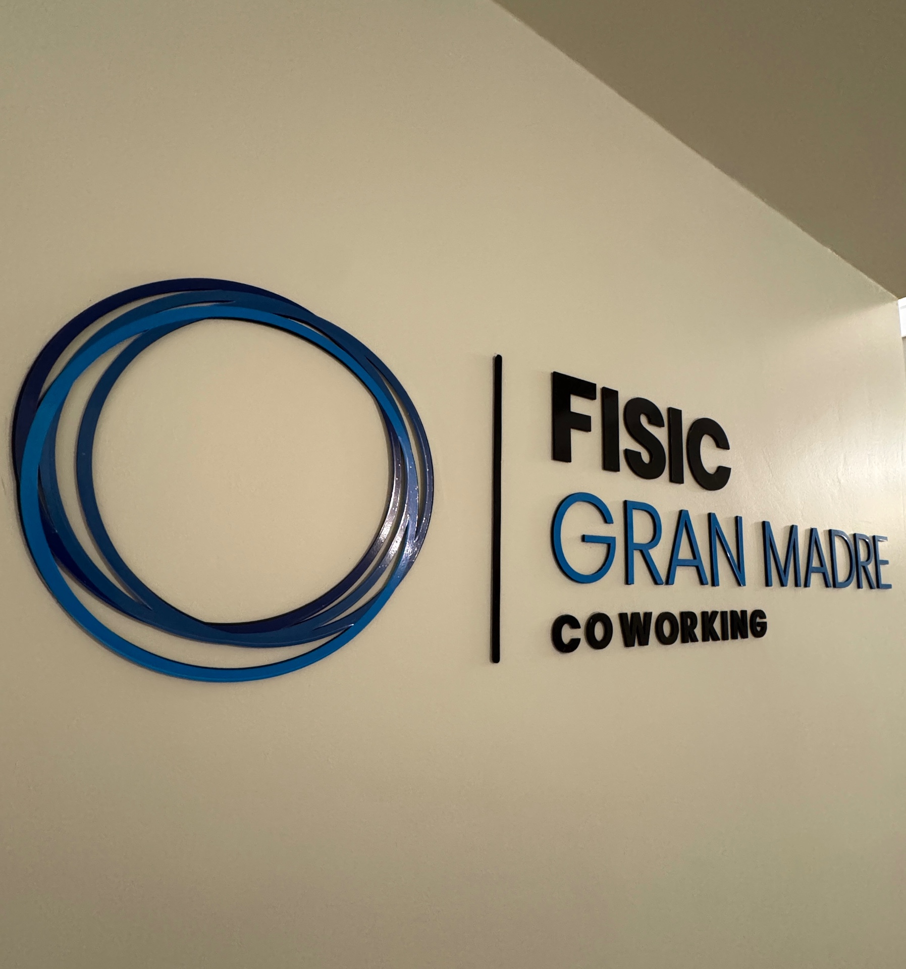 Logo Fisic Gran Madre Coworking sulla parete